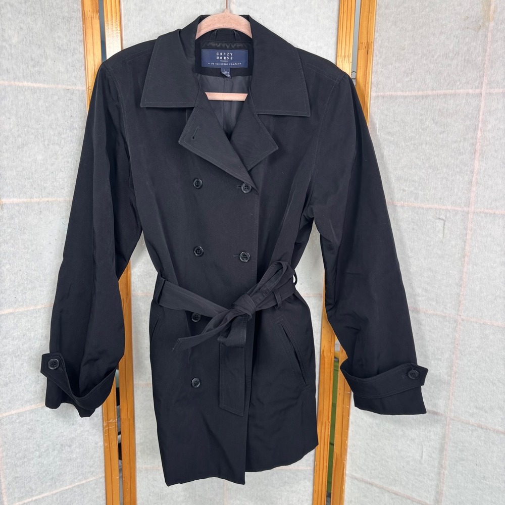 Crazy Horse Liz Claiborne Womens Black Double Breasted Trench‎ Coat Belted Large
